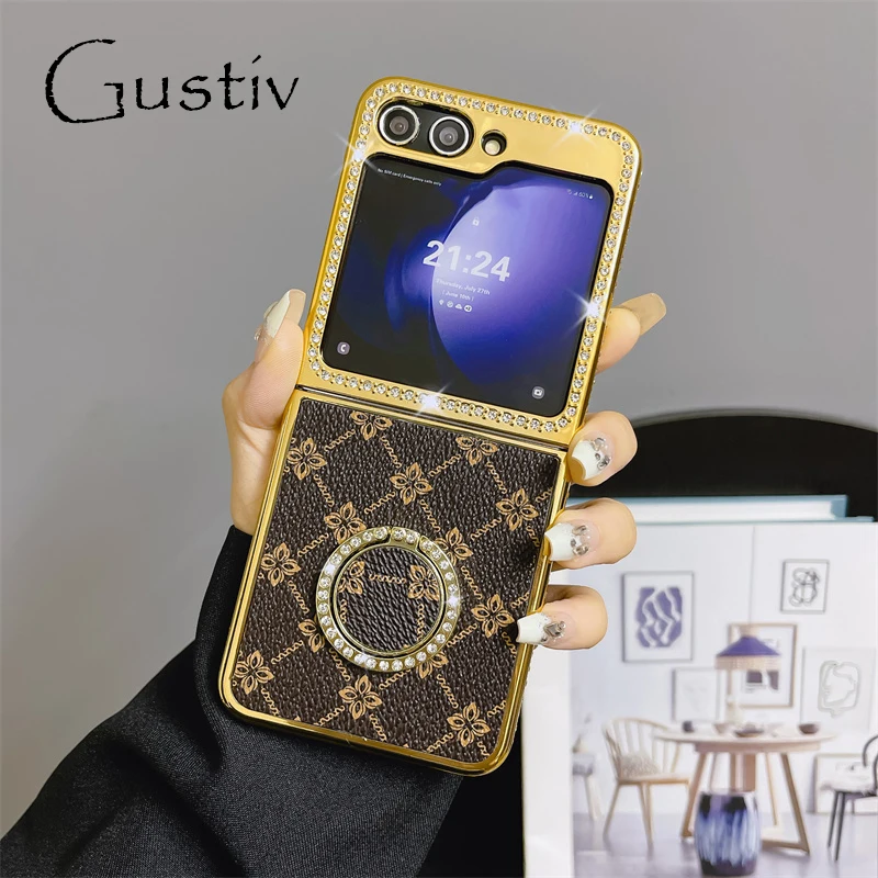 Luxury Classics Retro Phone Cover For Samsung Galaxy Z Flip 5 5G Z Flip 6 Flip 4 Gold Plating PU Back Cover For Z Flip 3 Coffee