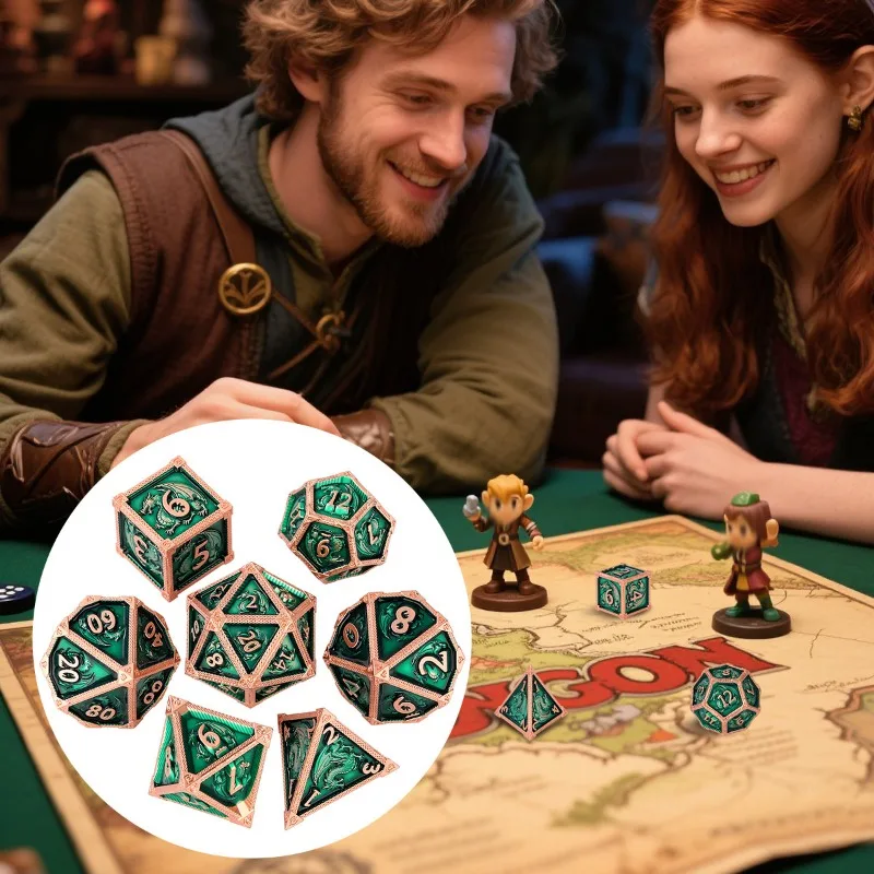 

Dragon Theme Metal DND RPG Polyhedral Dice Set Tabletop Gaming Dice Team Board Game Leisure Entertainment Time Tool 7pc