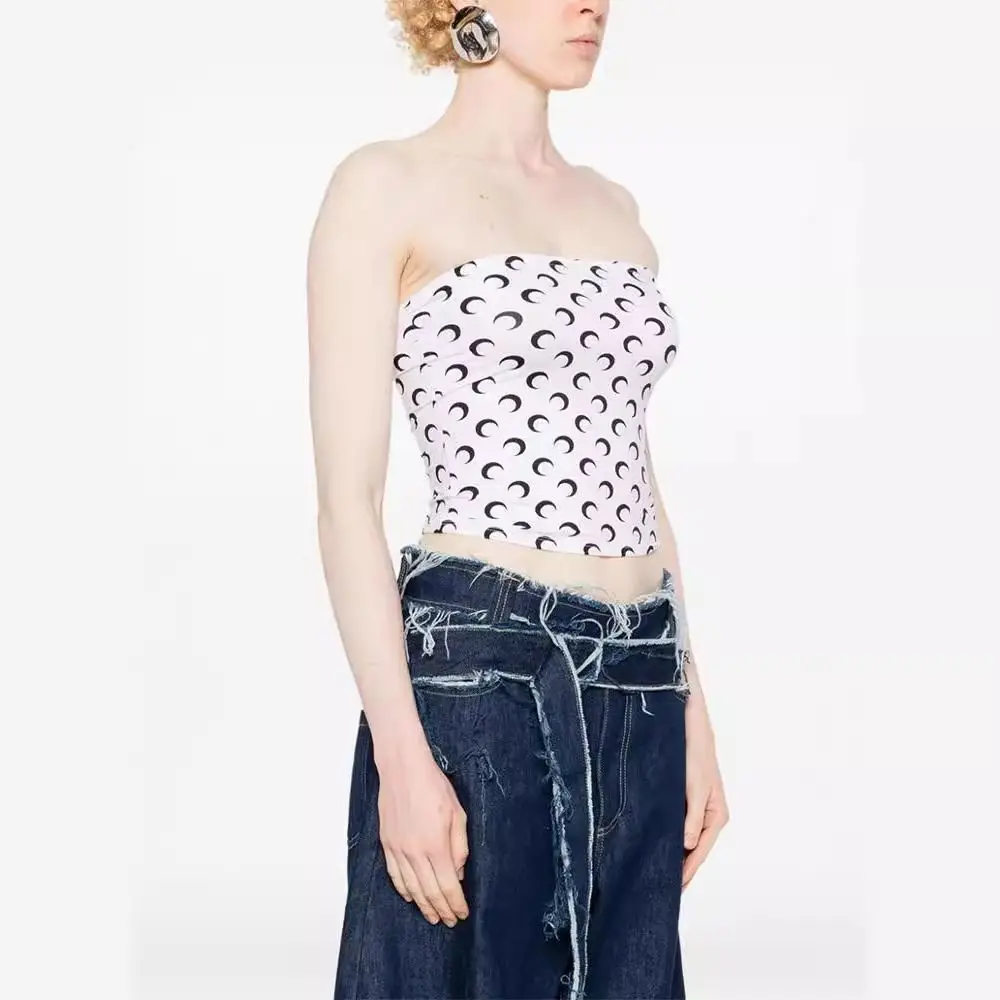 

Trendy Moon Print Corset Top Women Sexy Strapless Bustier Summer Streetwear Sweet Slim Fit Crop Tops