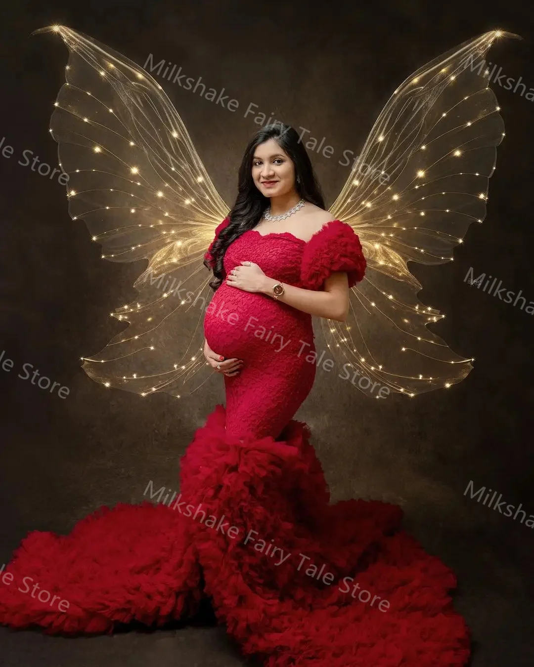 الساحرة الأحمر الأمومة الجلباب قبالة الكتف الدانتيل حورية البحر النساء التصوير فساتين قطار الاجتياح المتدرج الكشكشة استحمام الطفل العباءات #3