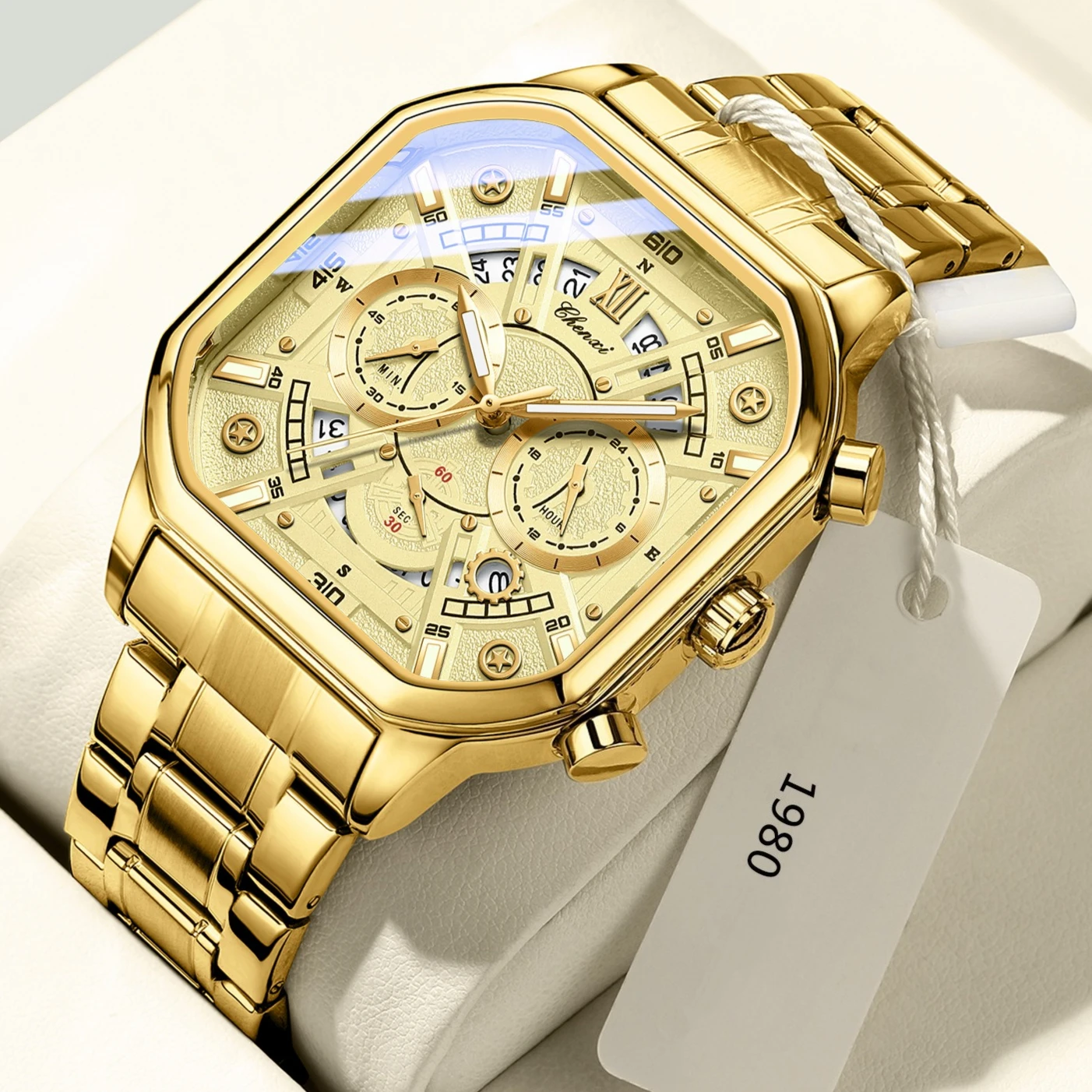 ساعة كوارتز رجالية ذهبية فاخرة بمينا هيكل عظمي مع تقويم كرونوغراف مضيء ساعة يد ذهبية متعددة الوظائف للرجال