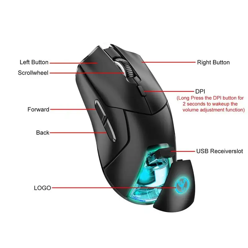 T40 Recarregável Tri-mode 2.4g Wireless + Bluetooth Mouse 4000dpi Sete cores Backlight Gaming Mouse 7D