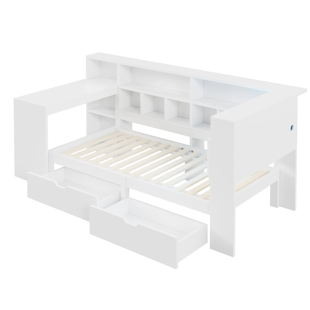 90x200 L-förmiges Plattformbett aus Holz mit Schreibtisch und Bücherregal, Eckkapitänsbett mit gepolstertem Kopfteil, Schubladen, LED-Licht – Detail 13