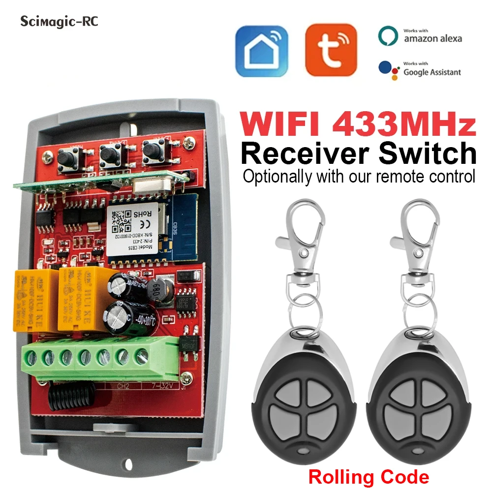

Tuya WIFI Smart Garage Door Opener Gate Motor Light Switch 2CH Relay Module 7-250V With 433.92MHz Rolling Code Transmitter Alexa
