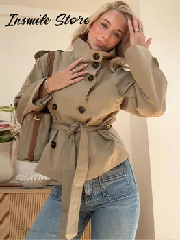 Fashion Belt Short Trench Coat Women Stand Collar Double Breasted Long Sleeve Jacket 2026 Spring Autumn Lady Street Outwear New