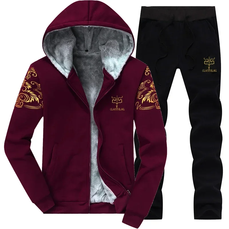 Winter Sportswear Suit Men\'s Classic Fashion Thick Fleece-lined Hoodie + Pants Suit Male Jogger Velvet Warm Jacket 2 Piece Set