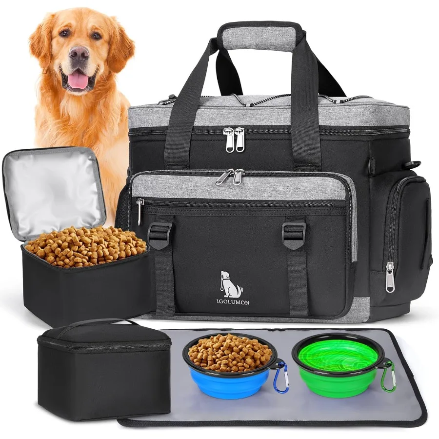 

Large Dog Travel Bag Set MultiPockets Tote Organizer with 2 Extra Large Food Containers 2 Dog Bowls 1 Feeding Mat