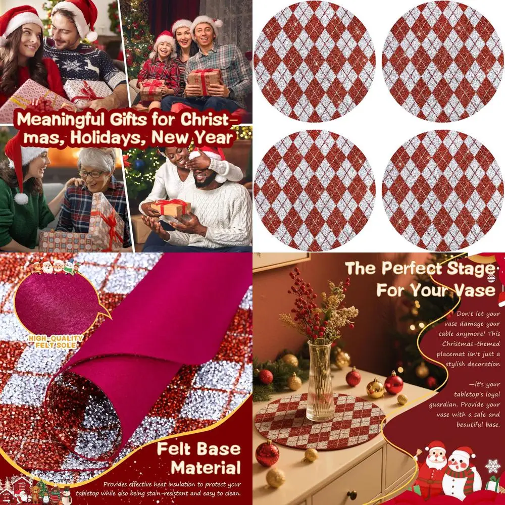 

Glittering Plaid Round Placemats Set of 4, 15 for Valentine's or New Year's Kitchen Table Decor