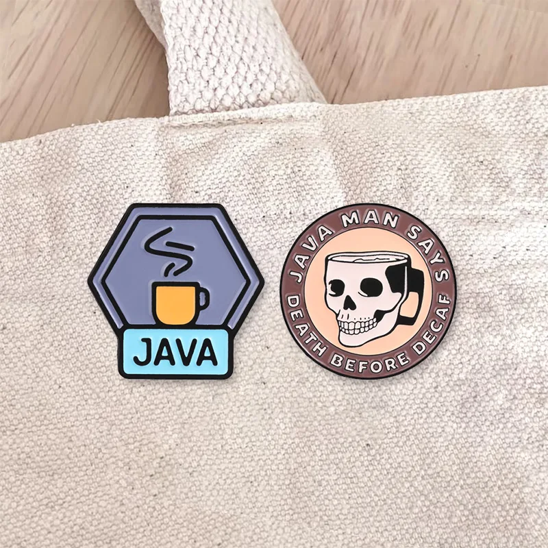 Programmer Java Coffee Enamel Badge Death Before Decaf Skull And Hexagon Code Pin Metal Brooch Accessories Gifts For Friends