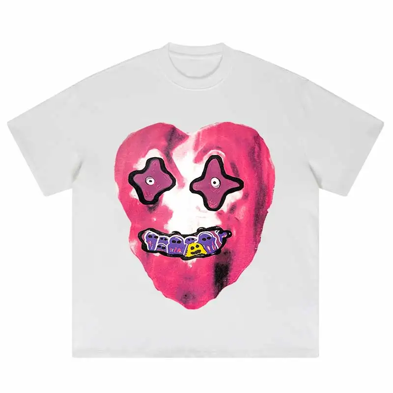 Men Hip Hop Washed T-Shirt Streetwear Funny Heart Monster Print T Shirt Harajuku Short Sleeve Tops Cotton Casual Tshirt