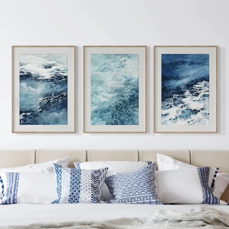 Vintage Navy Blue Watercolor Ocean Coastal Ocean Wave Sea Art Poster Canvas Painting Wall Prints Picture Living Room Home Decor