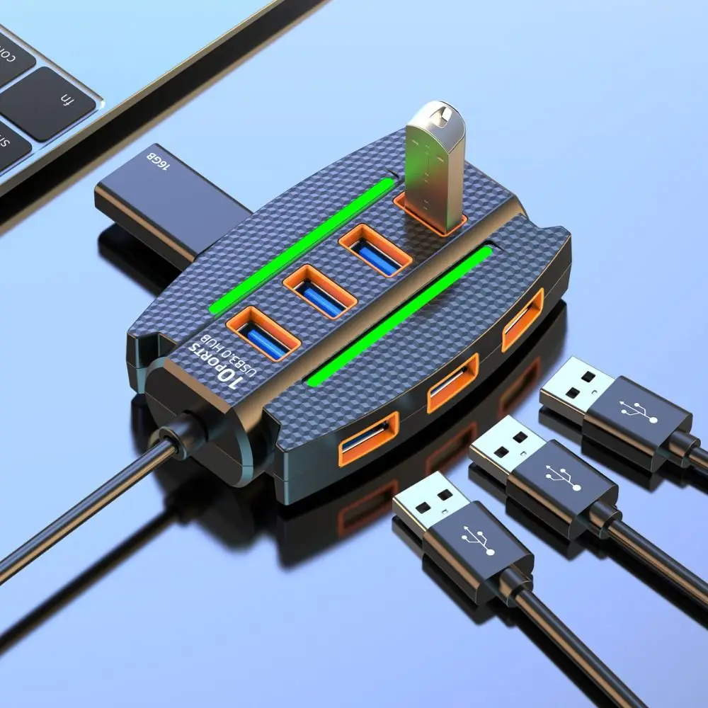 RGB الخلفية 10 منافذ USB 2.0 الفاصل تمديد نقل البيانات 10 في 1 USB2.0 HUB موصل متعدد الوظائف USB ميناء المتوسع