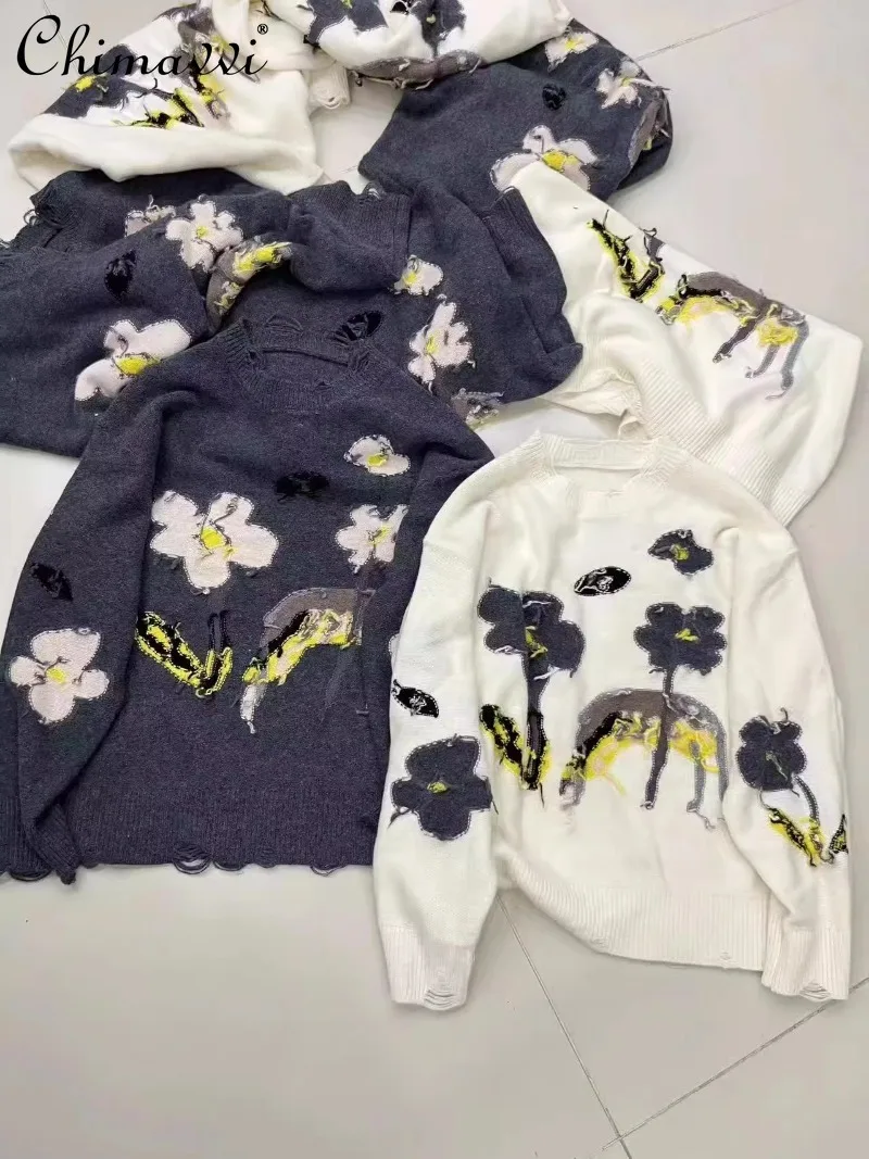 

2024 Autumn and Winter European Products New Foreign Versatile and Thin Worn Flowers Loose Long-Sleeved Sweater For Women