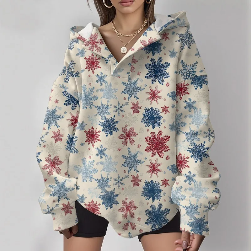 Casual Oversized Hoodie Women Snowflake Pattern Pullover with Turn-Down Collar Loose Fit Cozy Winter Sweatshirt for Daily Street