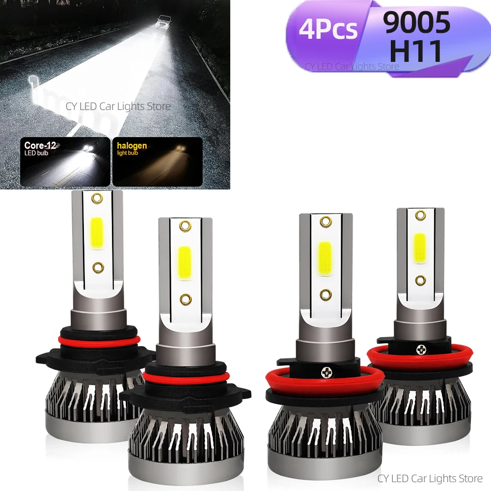 4Pcs Car Headlight H11 9005 LED Lights Kit 6000K 120W Auto Lamp Turbo Bulbs 12V 360 Degrees Bright Fan Free For Cars Trucks SUV