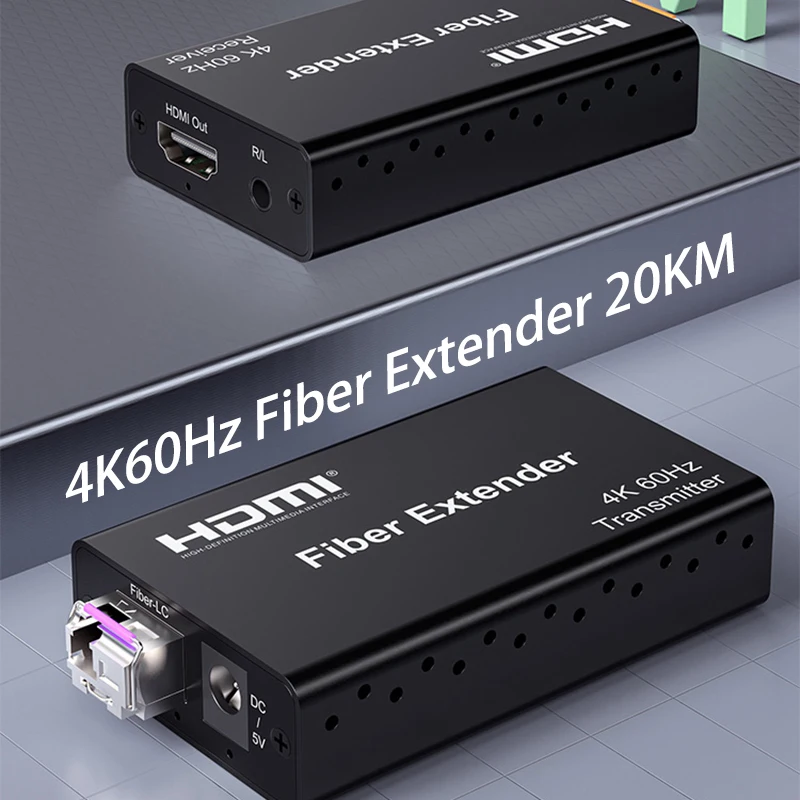 Extensor de fibra HDMI 4K60, hasta 20km a través de Cable de fibra óptica LC, transmisor y receptor de vídeo, compatible con extracto de Audio de 3,5mm HDR10