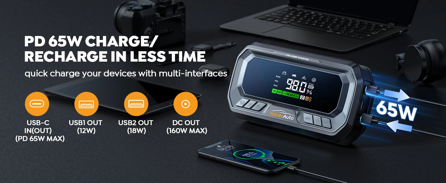 Yaber 4 In 1 6000A Starthilfe PD65W Power Bank 160PSI Luft Kompressor Reifen Pumpe Tragbare Ladegerät Auto Booster Start Gerät – Detail 7