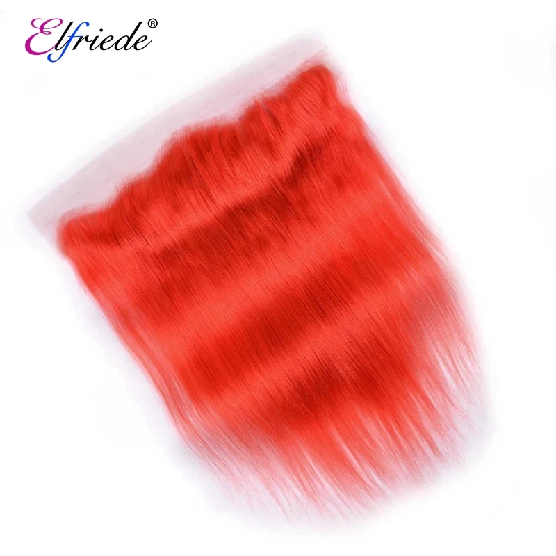 Pacotes de cabelo de cor reta com renda frontal, 100% cabelo humano, renda frontal, Elfria # laranja e vermelho, 3 pacotes, 13x4