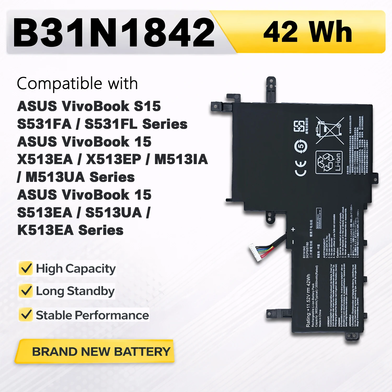 PowerHub B31N1842 11.52V 42Wh 3653mAh Laptop Battery For ASUS VivoBook 15 S15 S531 X513 M513 S531FA S531FL X513EA 0B200-03440000