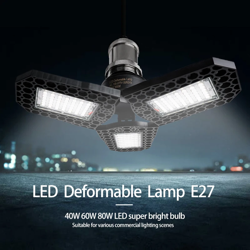 Deformable LED Bulb Garage Light 40W 60W 80W with  Adjustable Panel LED Lamp for Workshop Warehouse E27 85-265V Ceiling Lighting