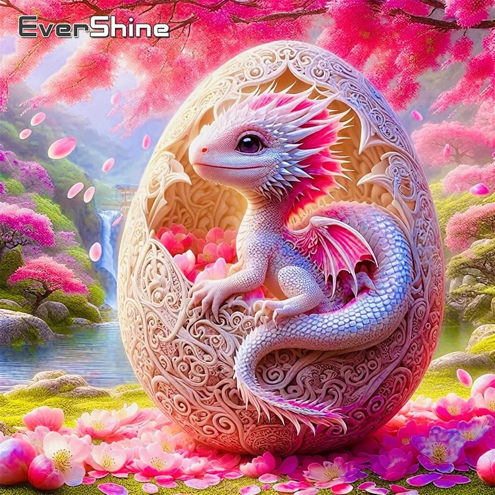 EverShine Tier-Diamantmalerei, Drache, vollständig bestickt, Ei-Bild mit Strass-Mosaik, Kirschblüten-Wandkunst