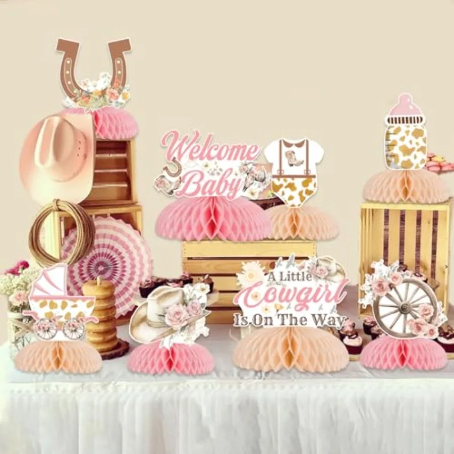 카우걸 베이비 샤워 장식 8개 세트 서부풍 '작은 카우걸이 온 길다' 허니콤 센터피스 핑크 플로럴 테이블 토퍼