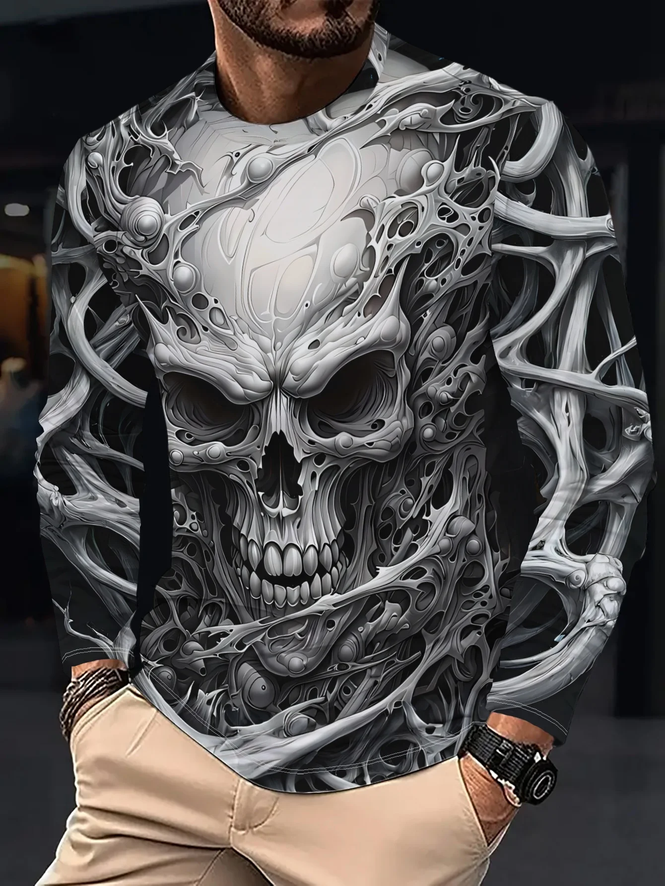 New best-selling retro men's long sleeved hollow 3D printing in 2026, trendy and comfortable casual O-neck long sleeved clothing