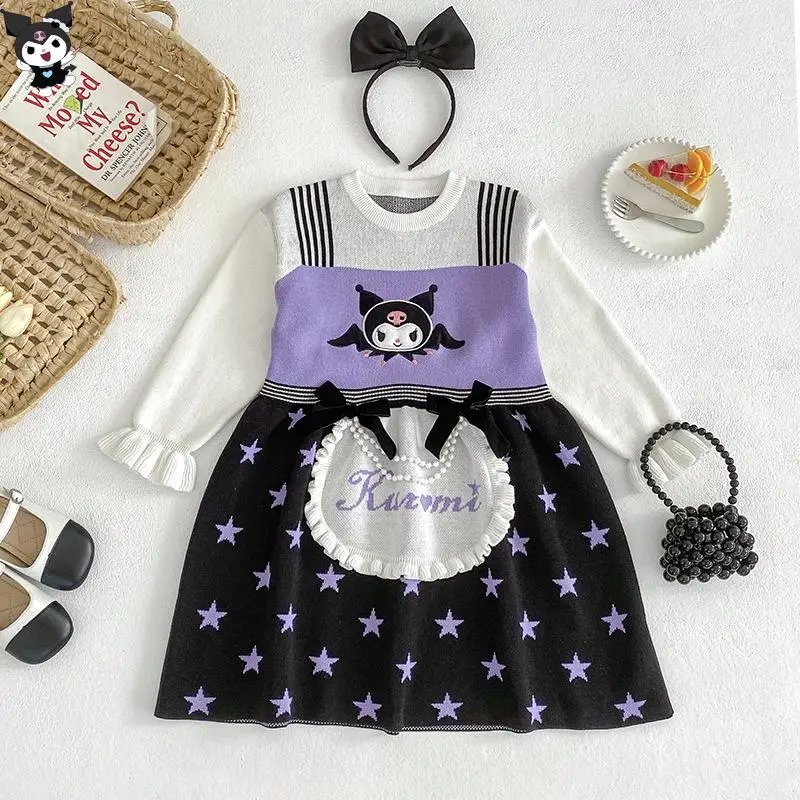 حار سانريو كورومي فستان محبوك Kawaii الخريف والشتاء الكرتون موضة طالب ملابس الأطفال غير رسمية لوليتا كاذبة قطعتين #3