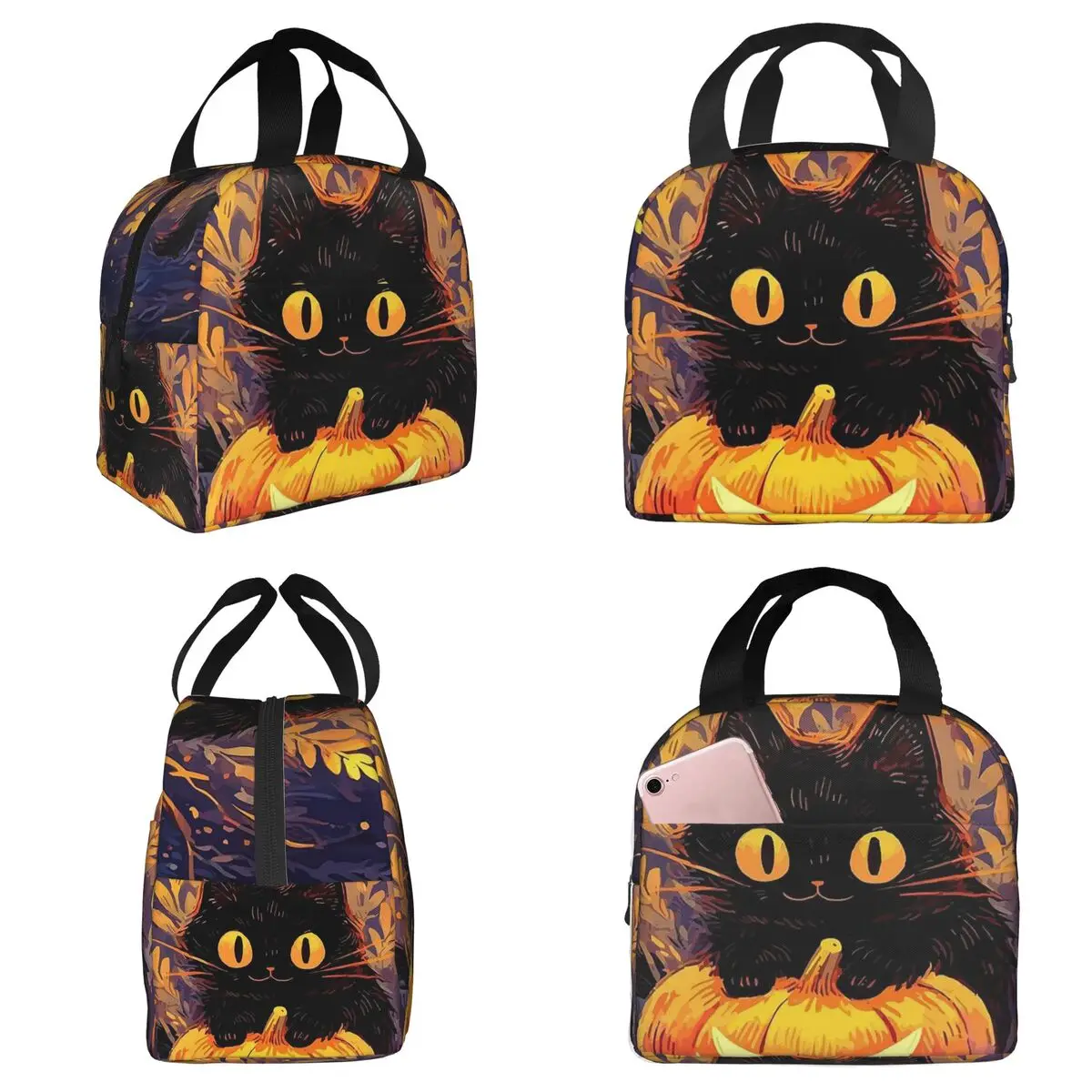 Black Cat And Pumpkin Halloween Insulated Lunch Bag for Kids School Cooler Thermal Food Box Tote Leakproof Lunch Boxes Container
