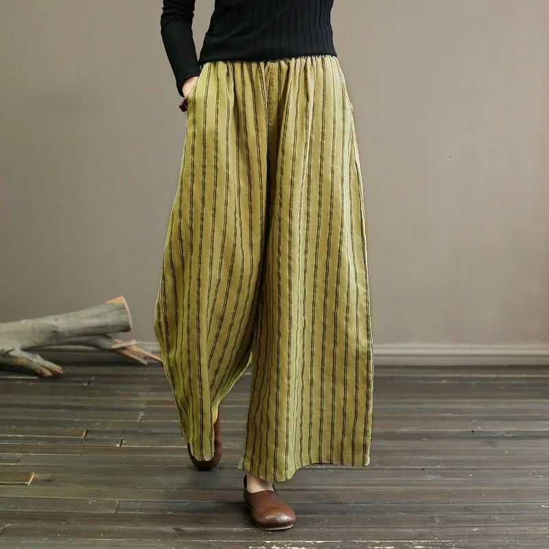 Women Summer New High Waist Cotton Linen Elastic Wide Leg Pants Fashion Retro Stripe Pocket Panel Loose Versatile Cropped Pants