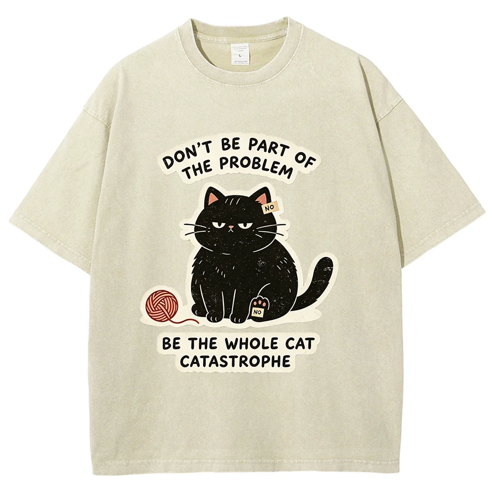 Women T‑Shirt Washed Vintage Black Cat Graphic Tees Be The Whole Cat Catastrophe Quote Print Casual Oversized Short Sleeve Lady