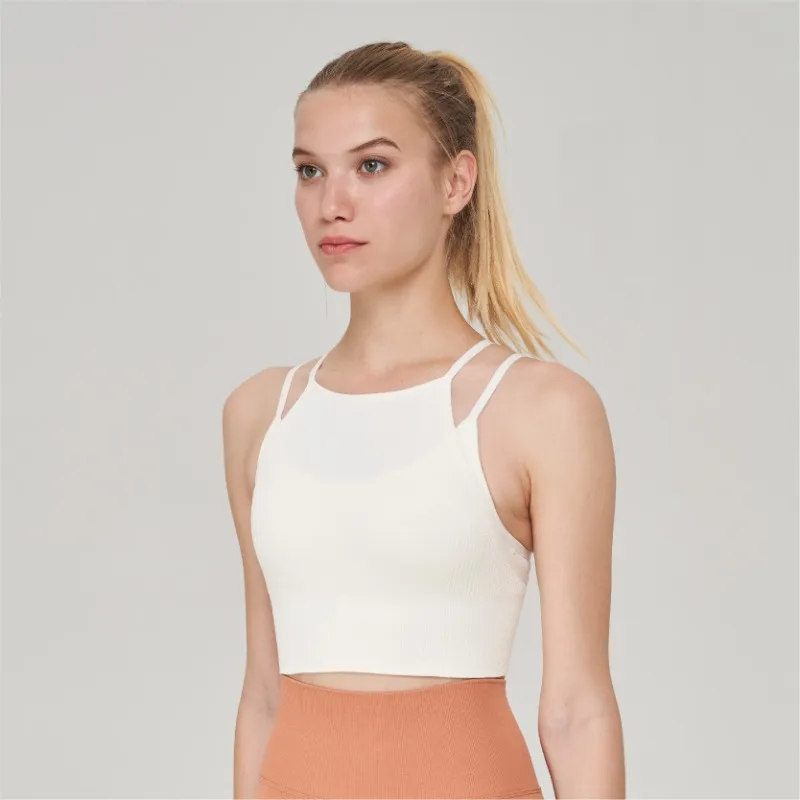 裸のシームレスなクロスバックスポーツブラ、女性用ワイドショルダーストラップ付きフィットネスブラランニング衝撃吸収ヨガベストトップ