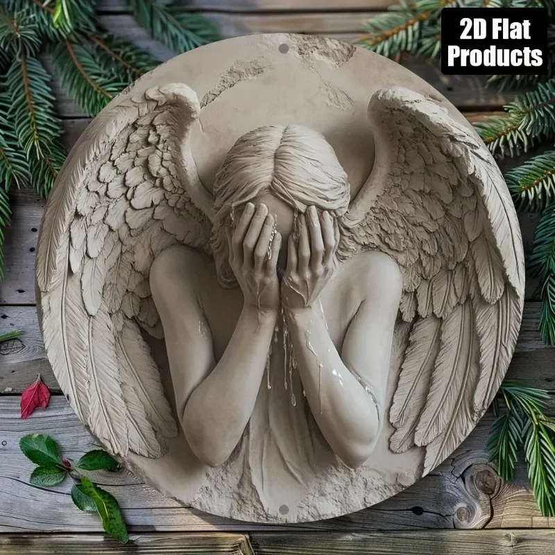 Vintage Weeping Angel 2D Metal Wall Art, 8x8 Inch Round Iron Sign for Home Office Bar Kitchen