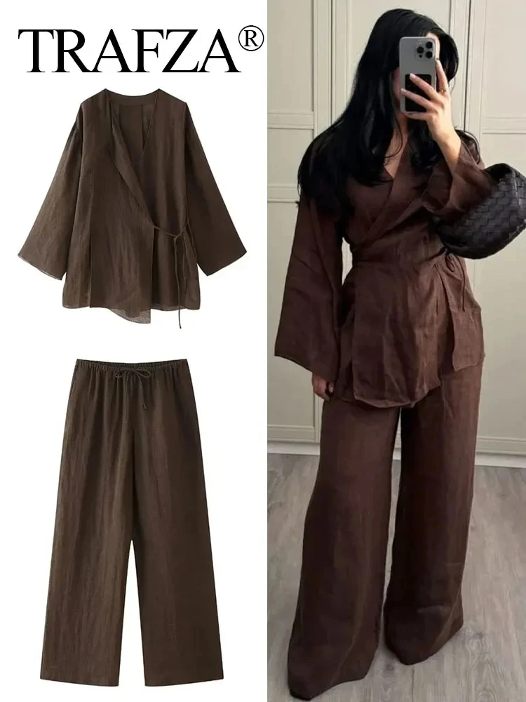 TRAFZA Women Solid Casual Loose Sets Pajama Style Lace Up Long Sleeve Slit Shirt Tops Female Elegant Drawstring High Waist Pants