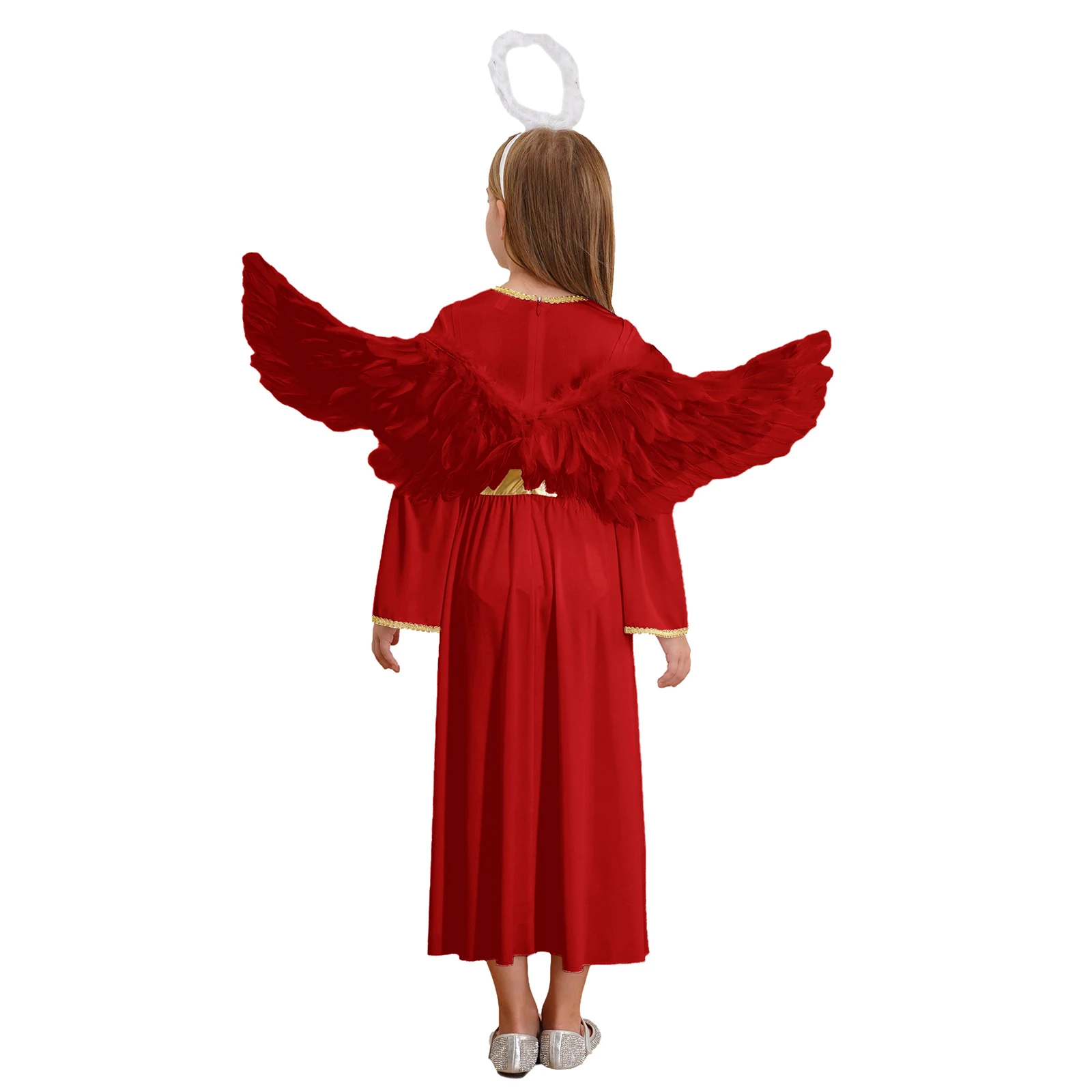 Kids Girls Cosplay Angel Dress Angel Gowns Gold Trim Patchwork Dress with Feather Angel Wings for Halloween Cosplay Performance