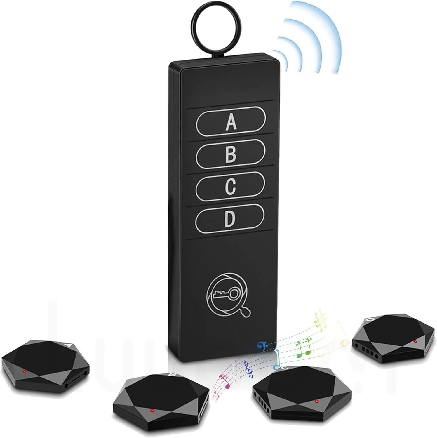 New device, item location tags, wireless locator for finding wallets, phones, pets, includes 1 RF transmitter and 4 receivers
