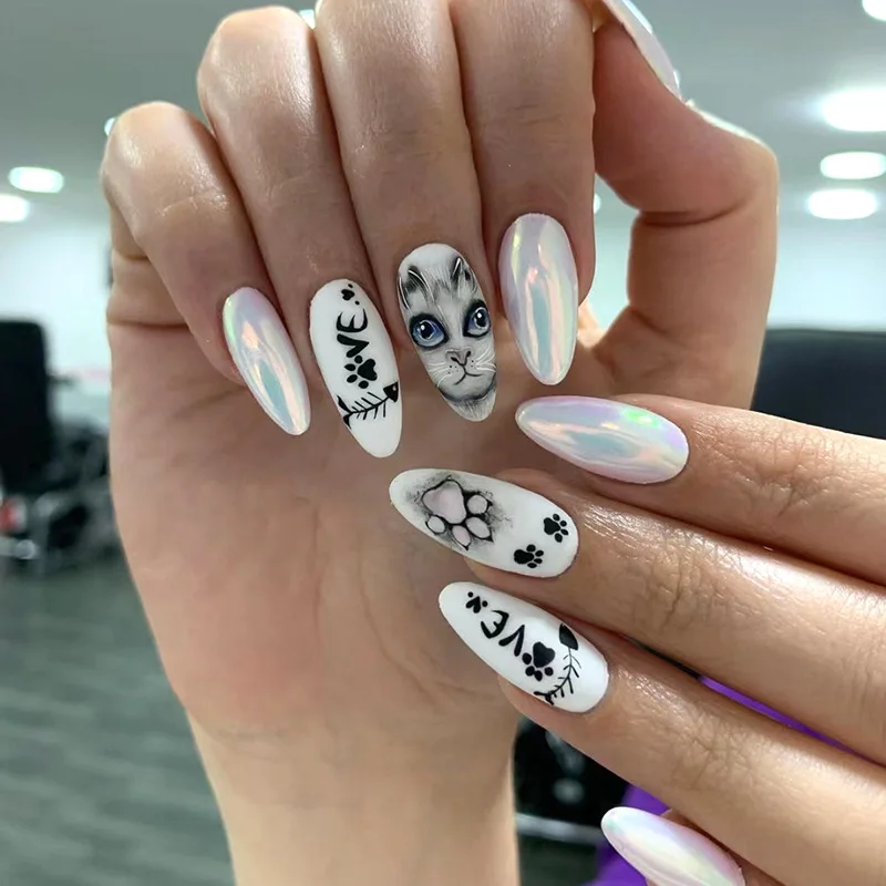 

24pcs Halloween Aurora Press-On Nails - Glow Cat Paw & Fishbone Designs Medium-Long Almond Spooky-Cute Style