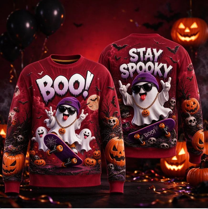 Halloween 3D Print Ghost Sweatshirt Men Women Funny Spooky Pumpkin Graphic Pullover Streetwear Hip Hop Unisex Long Sleeve