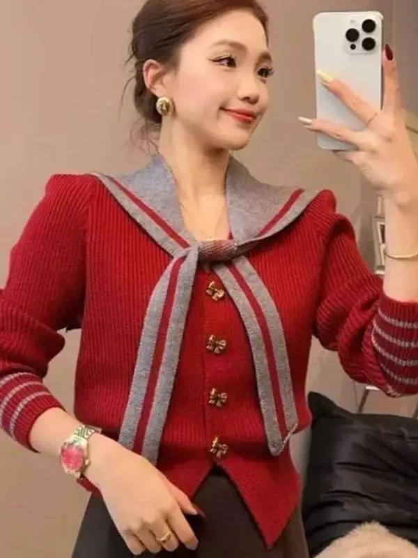 

Korean Style Navy Collar Knitted Sweater Women's Fashionable Slim Fit Inner Wear Shoulder Shawl Autumn Winter New Arrival Ver...