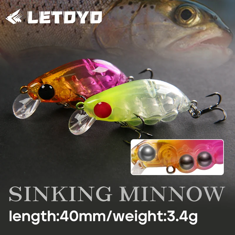 LETOYO 3.4g/40mm Sinking Minnow Lure Mini Slow Minnow Fishing Lure Fixed Weight Steel Ball Large Swing Trout Lure