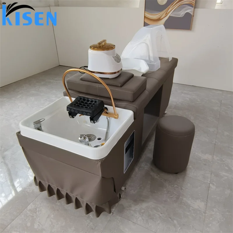 custom.KISEN Luxury Top Quality PU Leather Hair Washing Massage Chair Lay Down Table Shampoo Bed Hair Beauty Salon Thai Styl