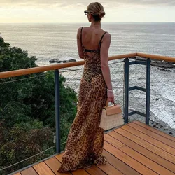 Sexy Backless Beach Dress Women Fashion Leopard Print Slim Long Dresses Summer Spaghetti Strap See Through Holiday Dress 2024