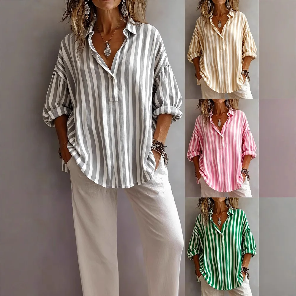 

Женские блузки: повседневная рубашка с V-образным вырезом, длинным рукавом, свободный пуловер в полоску, модные топы для женщин, новинка 2026 года