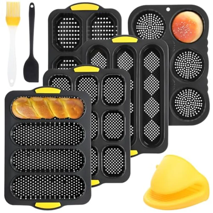 8 Pcs Silicone Baguette Hamburger Bun Baking Pan Set 4 6 9 Cup French Bun Mold 3 Cup Nonstick Baguette Bread Pan with Tool for