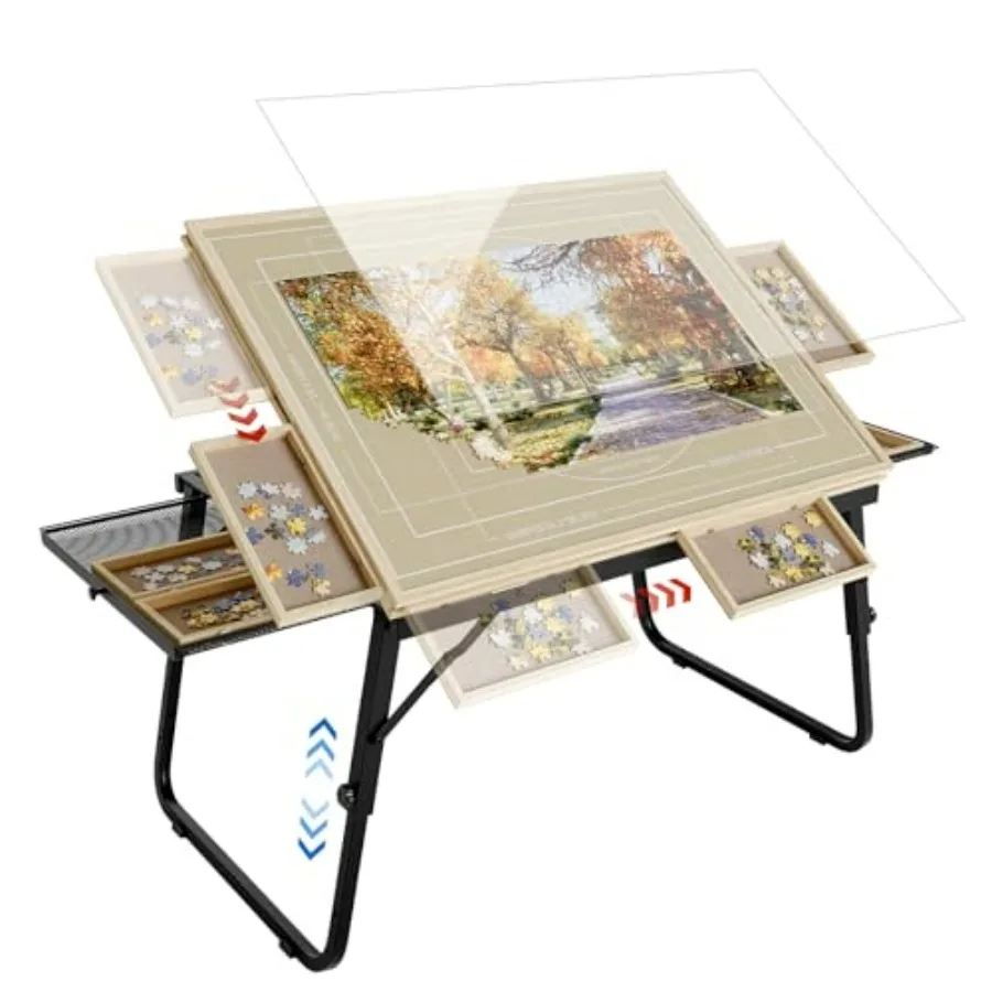 

Puzzle Table for 1500-Piece Jigsaws Adjustable Tilting Wooden Board with Folding Legs, 6 Slidable Sorting Trays, Portable Desig