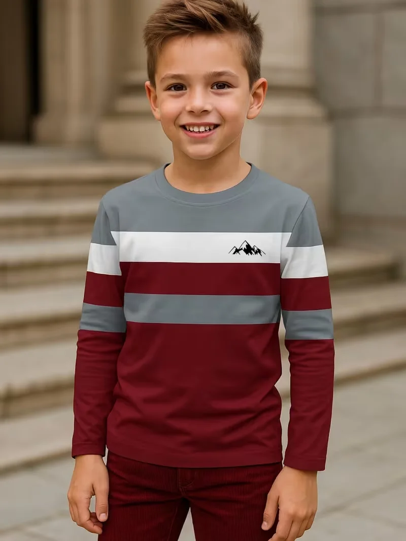 kids t‑shirt,crew neck long sleeve tee,burgundy gray white stripe,chest mountain graphic,casual top for boys daily wear