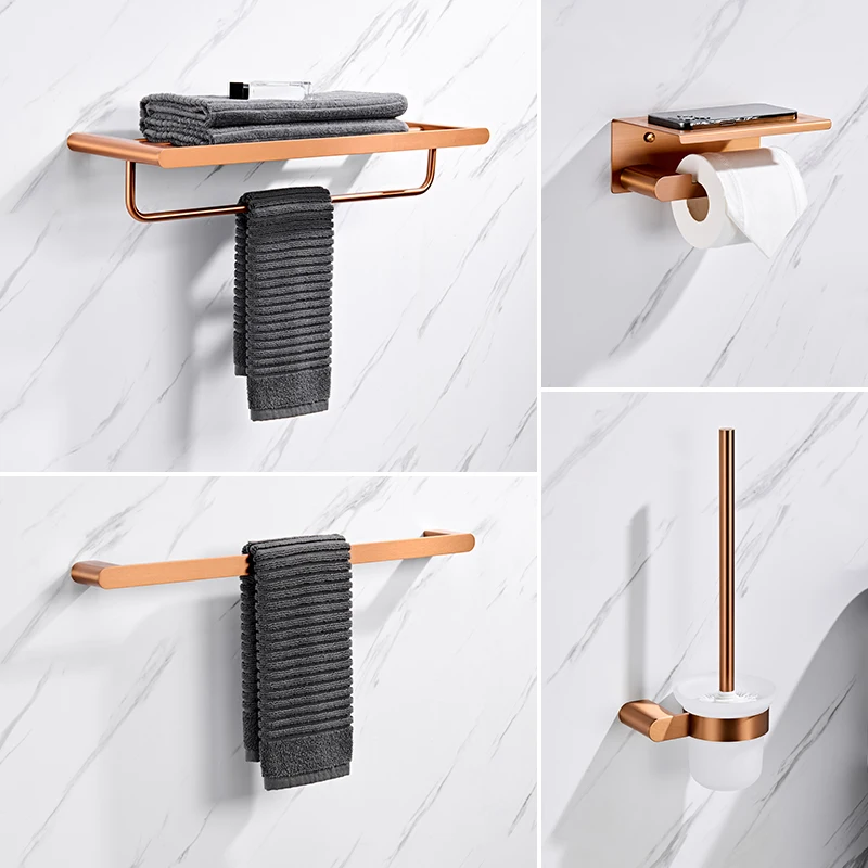 

Набор аксессуаров для ванной комнаты из матового розового золота: держатель для туалетной щетки, держатель для туалетной бумаги, полотенцедержатель, вешалка, крючок, мыльница, фурнитура