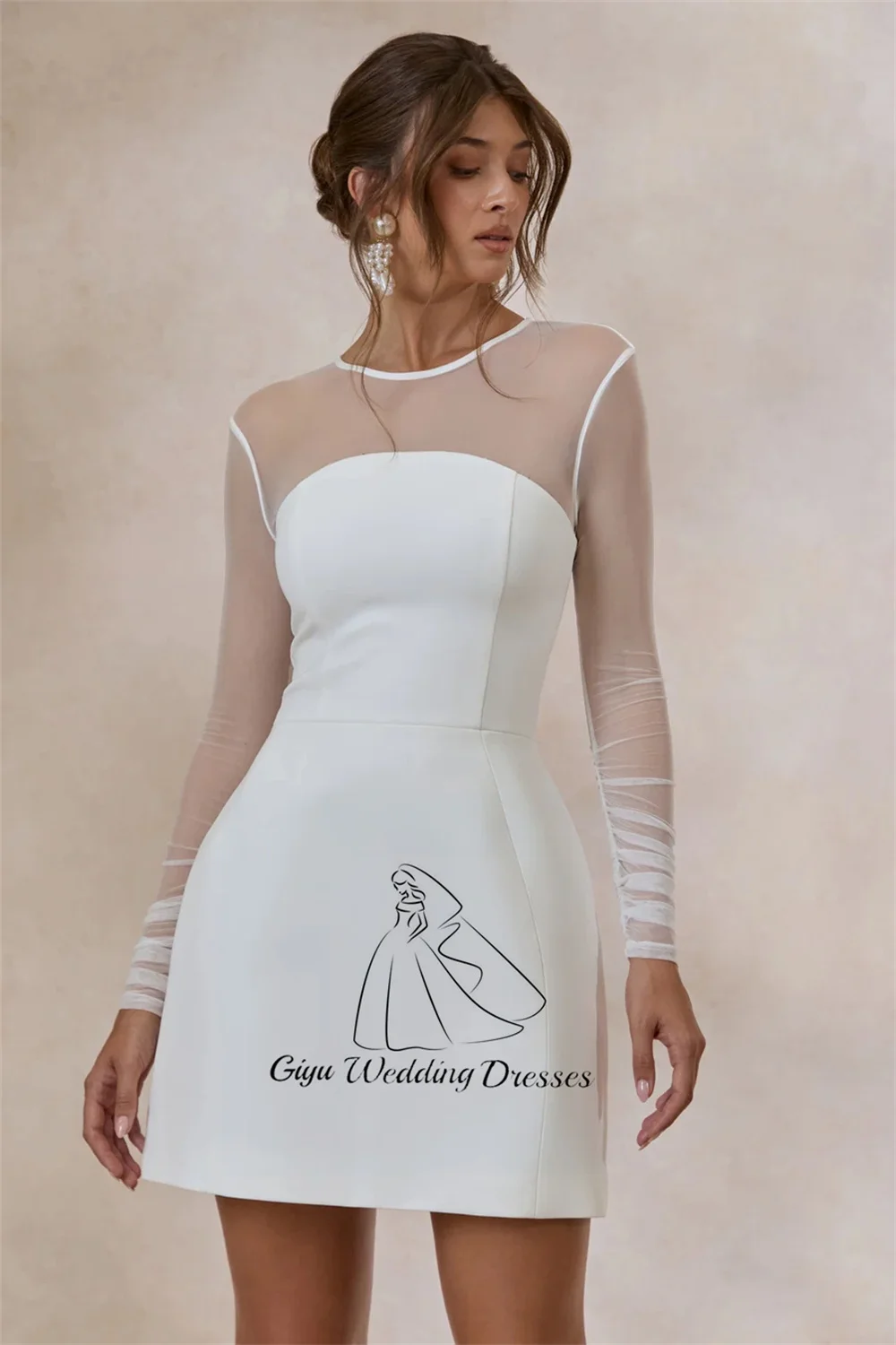 Giyu Mesh Long Sleeve Mini Wedding Dress Round Neck Illusion Neck Bodycon Short Bridal Dress Engagement Party Dress Customized