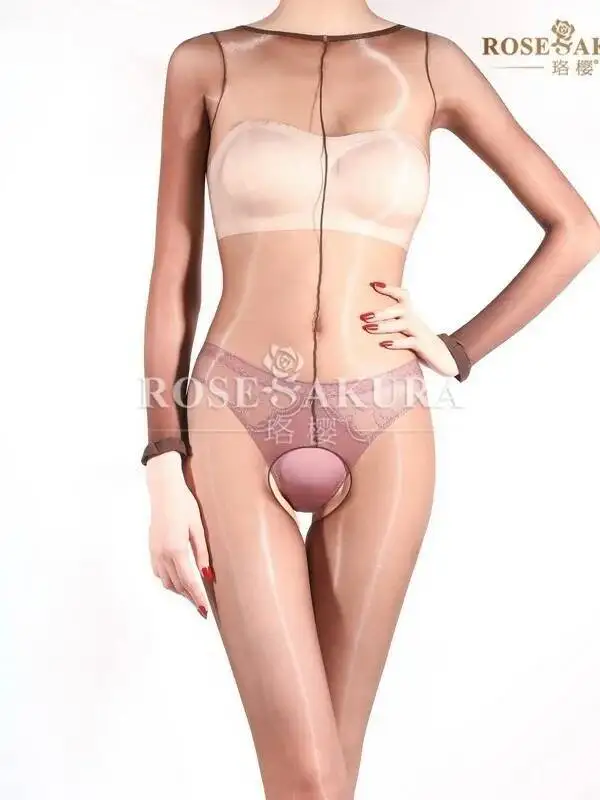 Glossy Bodysuits Open Crotch Sexy Long Sleeve Bodysuits Full Body Thin Transparent Mesh Solid Color Bodysuits Pure Desire IR39
