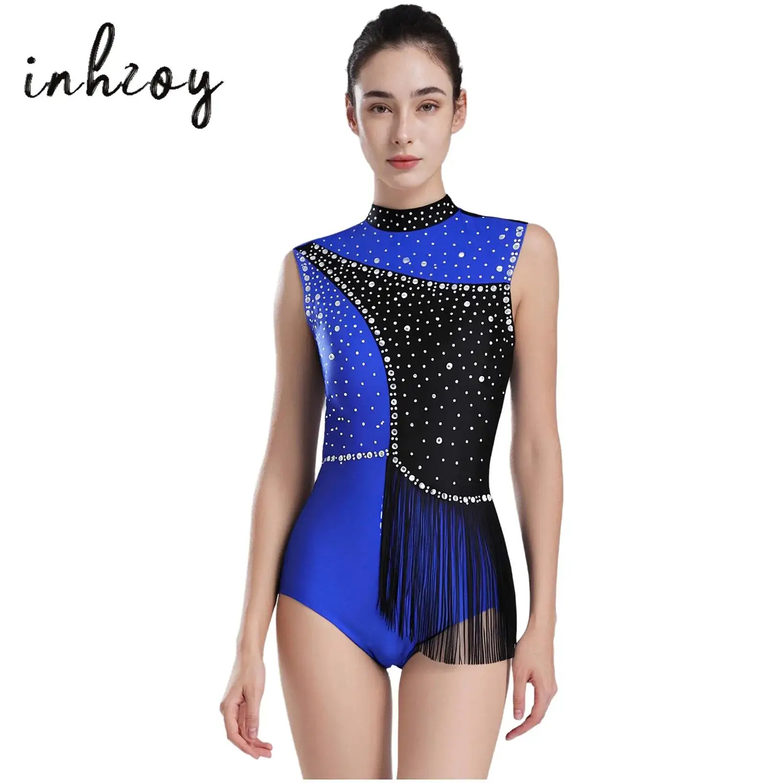 

Womens Figure Ice Skating Bodysuit Glittery Rhinestones Tassel Waist One-piece Jumpsuit for Gymnastics Jazz Ballet Dance Leotard